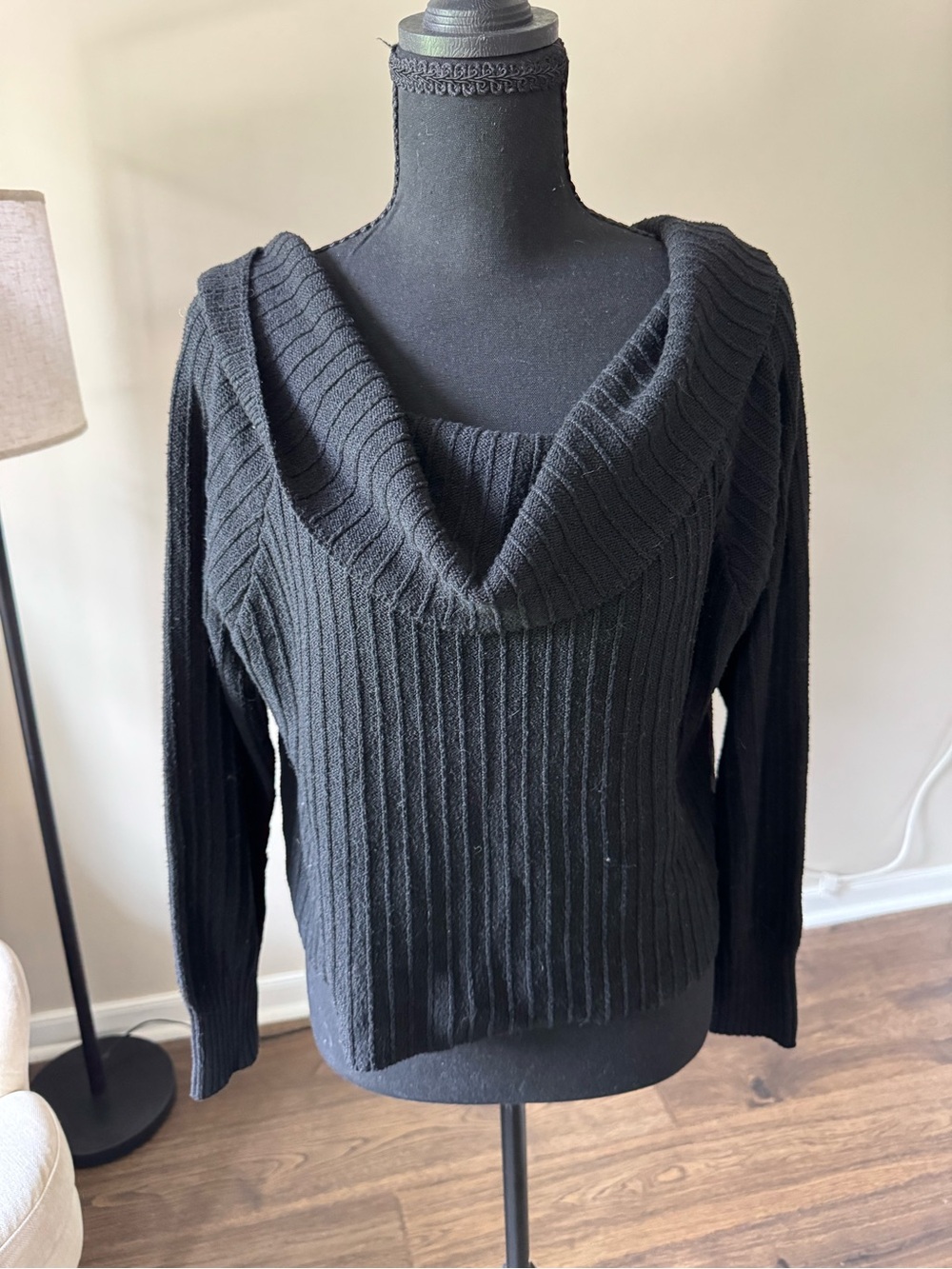 American Eagle Outfitters Black Ribbed Cowl-Neck Sweater